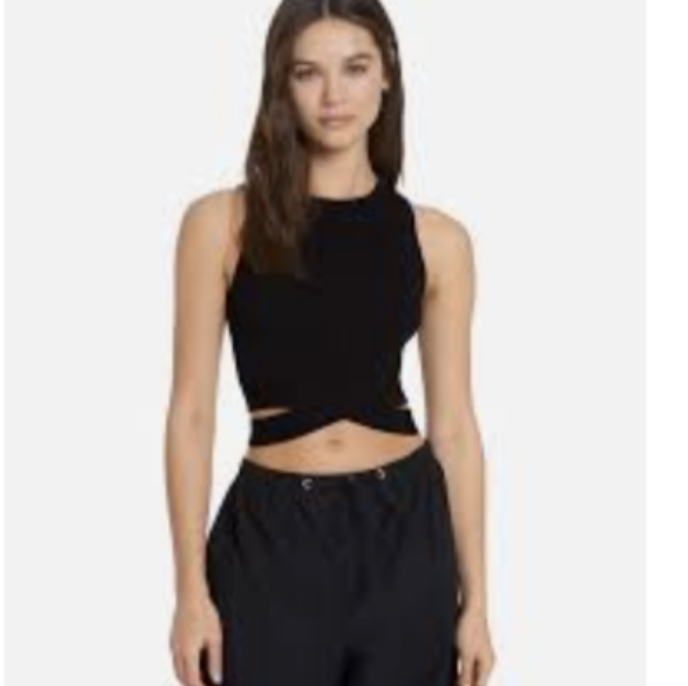 Women's Black Crop Racerback Tank Top With Criss Cross Cut outs at Waist…